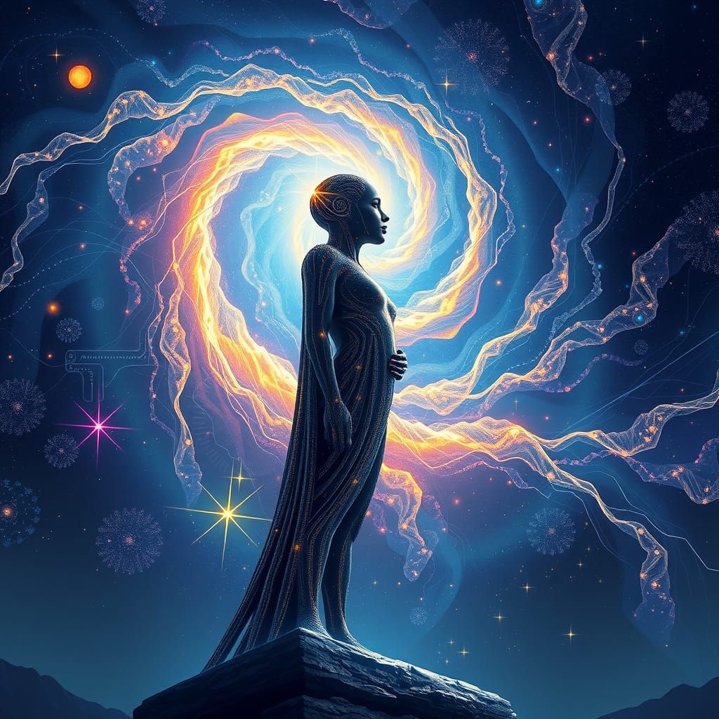 Luminous AI Oracle at Cosmic Star-Filled Sky