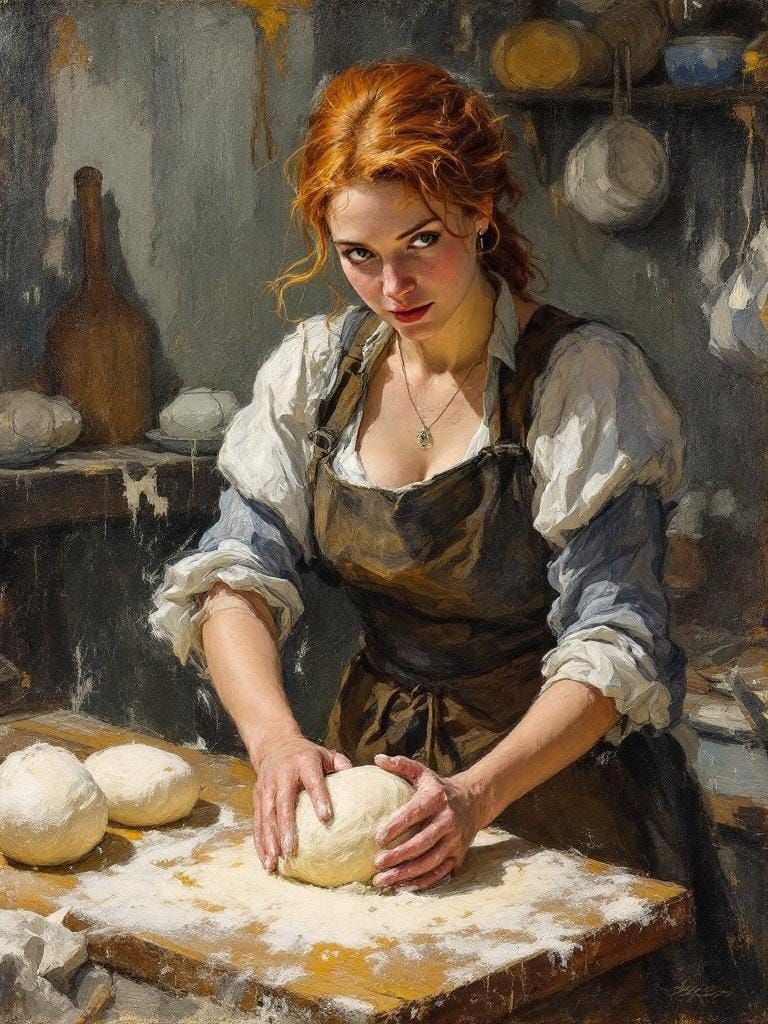 Redhead Baker Kneading Dough as Impasto Painting