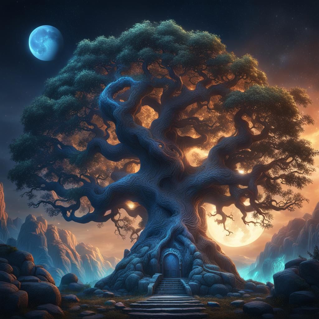 Moonlit Yggdrasil Fantasy Concept Art