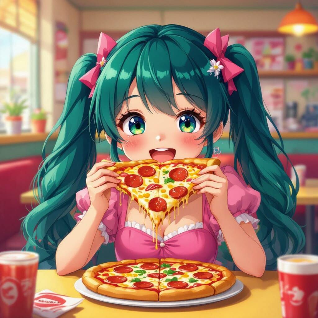 Miku Happily Eats Pizza Hut in Whimsical Style