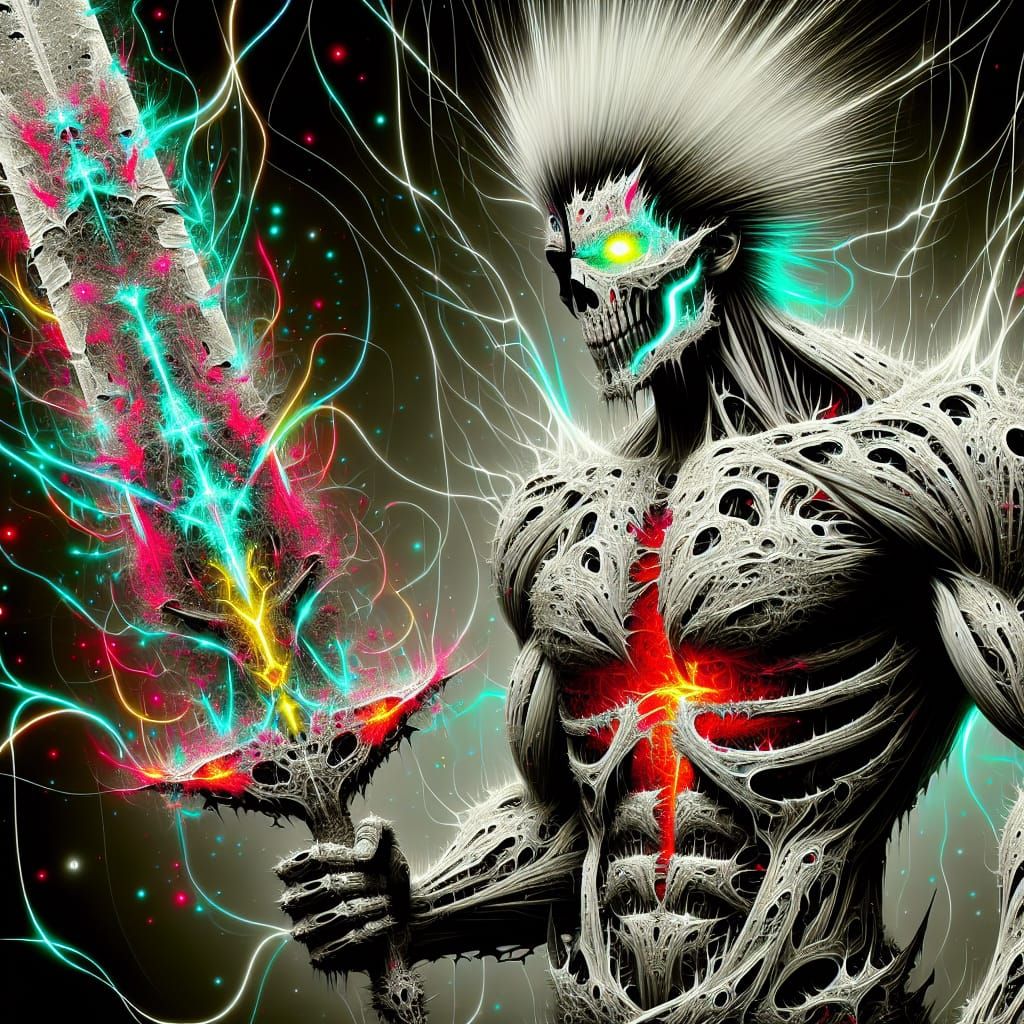 Battle-Scarred Warrior in Neon Psychedelic Void