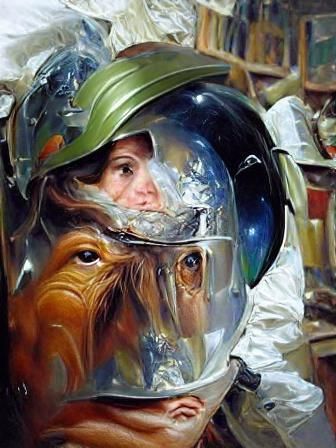 Profile gif image of selected person in space helmet with space wars of mythical creatures