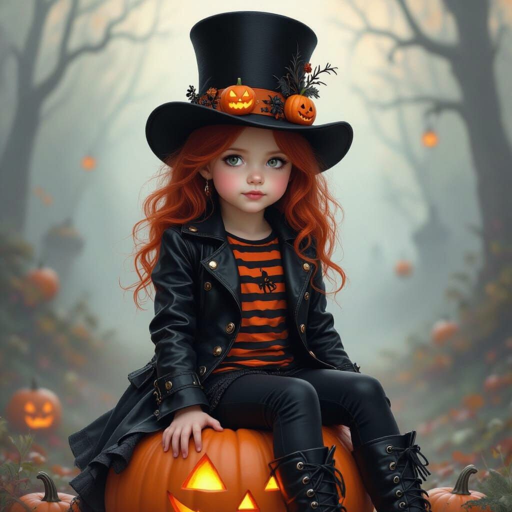 Gothic Girl on Pumpkin in Magical Halloween Scene