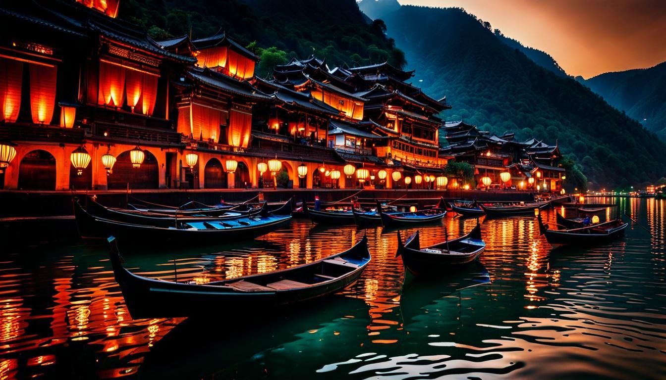 Lanterns on Boats in Valley City at Night