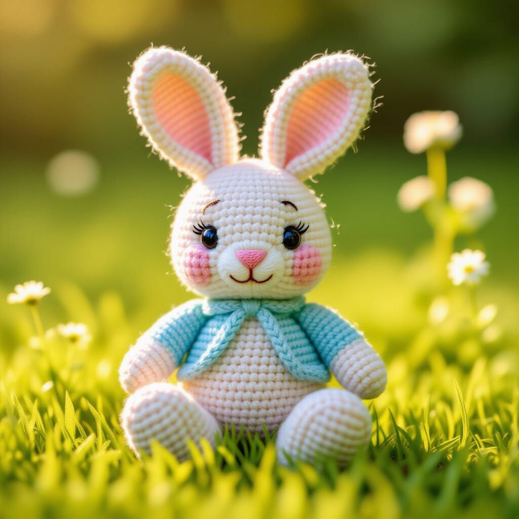 Pastel Crocheted Rabbit in Meadow, Storybook Illustration
