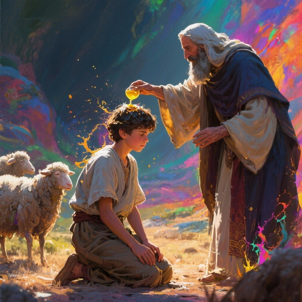 David Anointed by Samuel in Hyperrealistic Splash Art