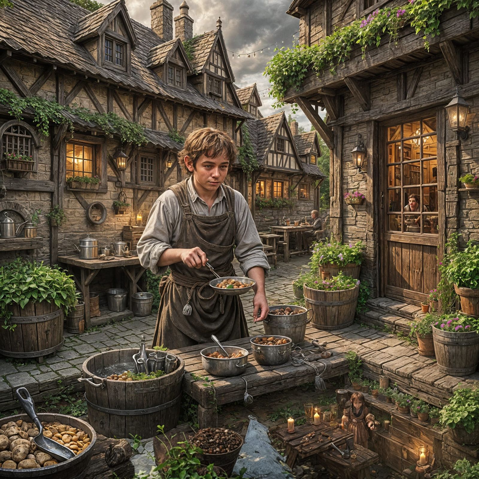 Sad Halfling Washing Dishes in Medieval Tavern