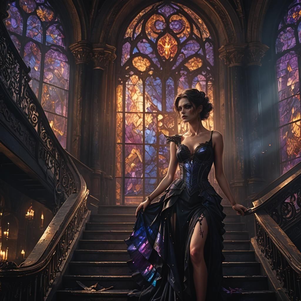 Beautiful Demon in Dark Staircase, Detailed Matte Painting