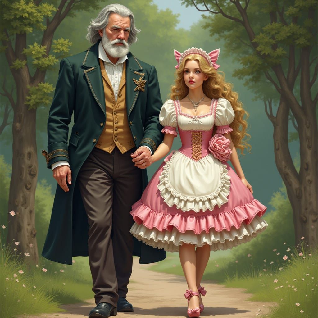 Elegant Lord and Dainty French Maid Stroll in a Lush Victori...