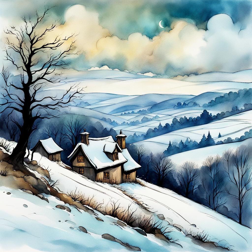 Winter Hillside in Arthur Rackham Style
