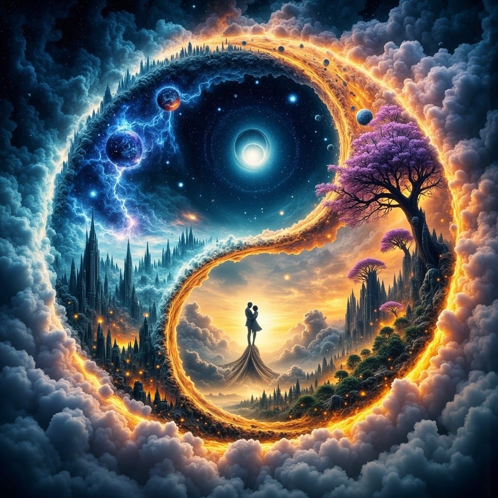 Surreal Balance of Opposites in Dreamlike Cloudscape