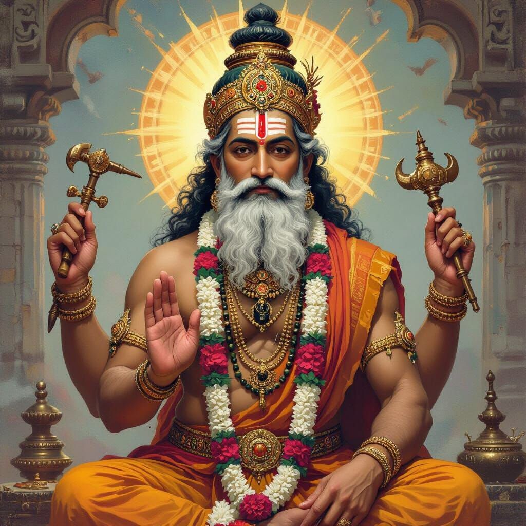 Hindu God Vishwakarma in Vibrant Mystical Realism
