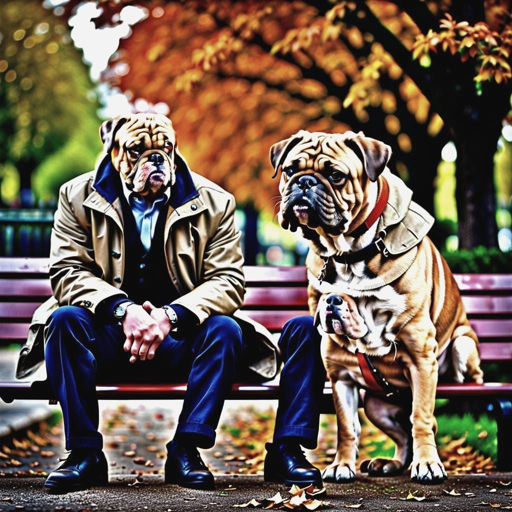 British Bulldog and Man on Park Bench: Hyperrealistic Photo
