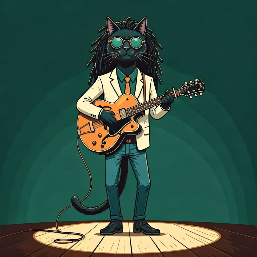 Black Cat Guitarist in Ligne Claire Style