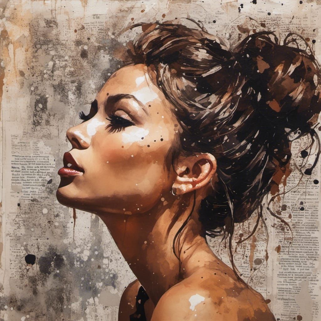 Expressive Woman Portrait on Newspaper Background