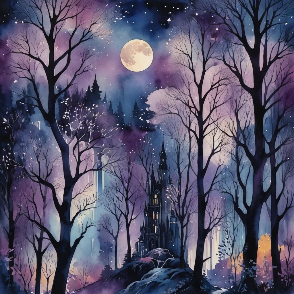 Gothic Castle in Mystical Forest: Watercolor Fauvism