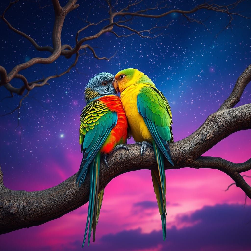 Luminous Nighttime Avian Encounter in Hyper-Realistic Digita...