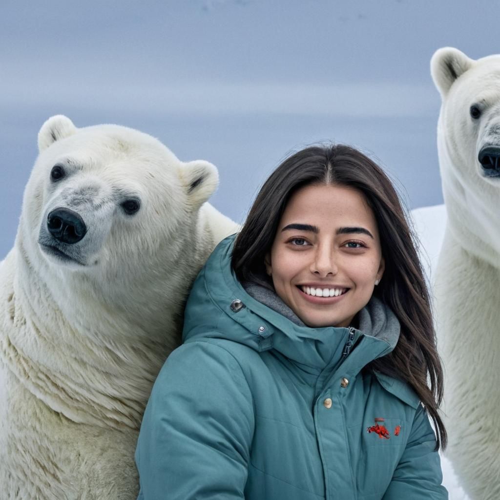 Woman's Polar Bear Selfie in Cinematic Style