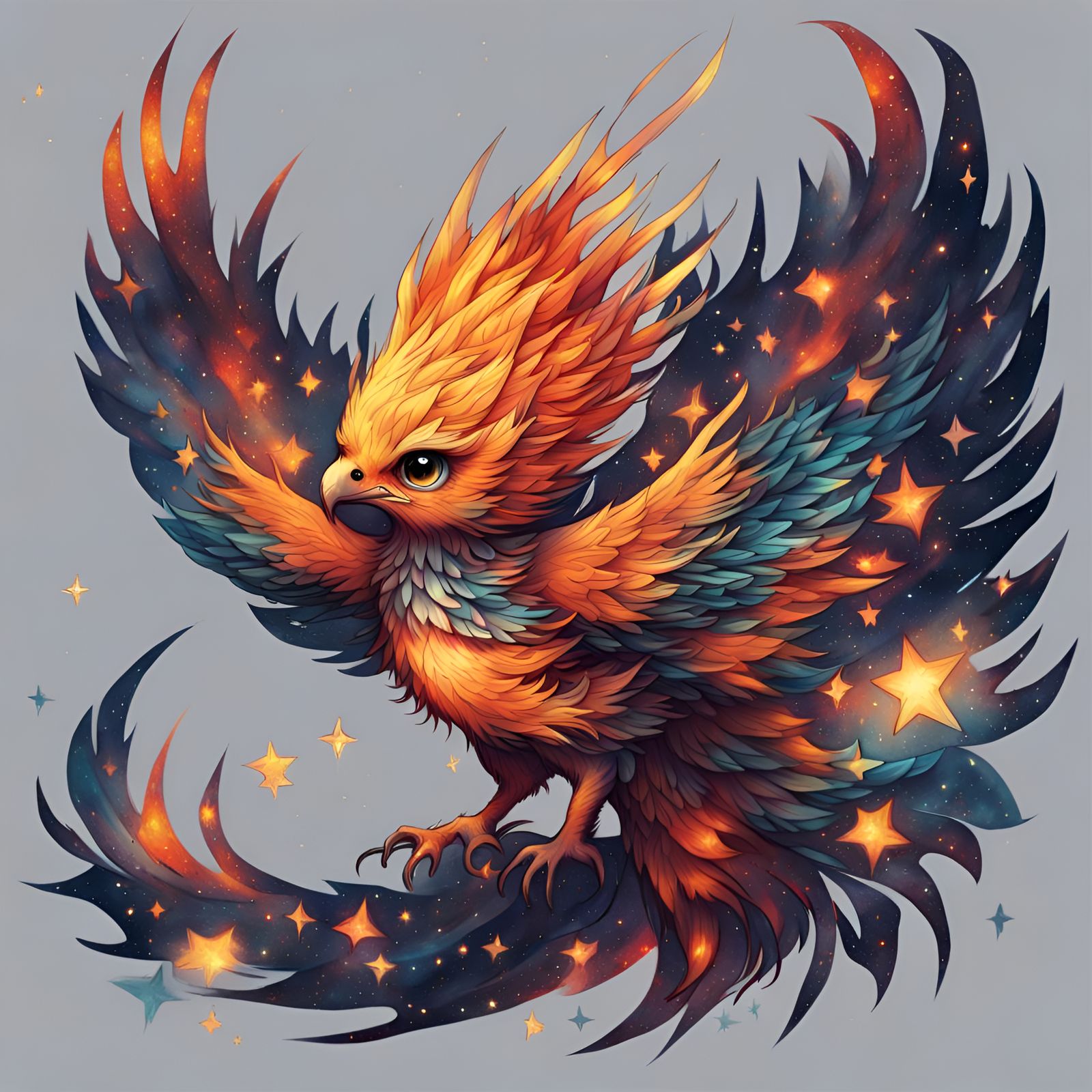 Chibi Phoenix in Starry Night: Fantasy Illustration