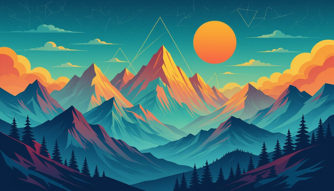 Glitchcore Landscape with Geometric Equations and Mountains