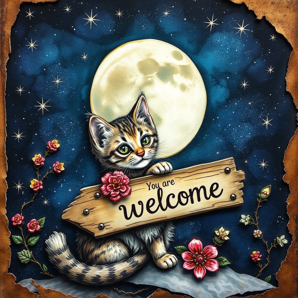 Steampunk Kitten Under Full Moon