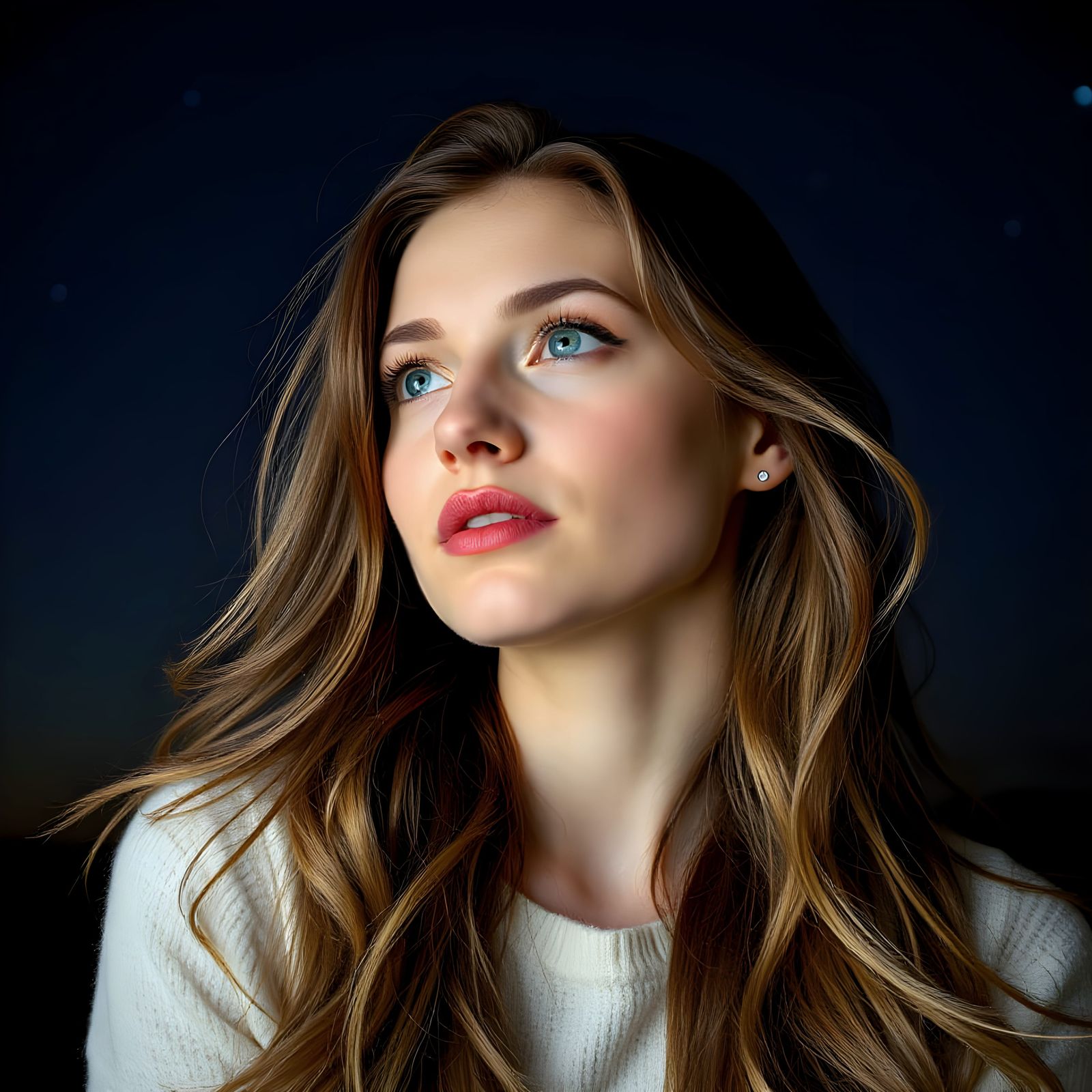 Woman with Boreal Lights Gazing at Starry Sky