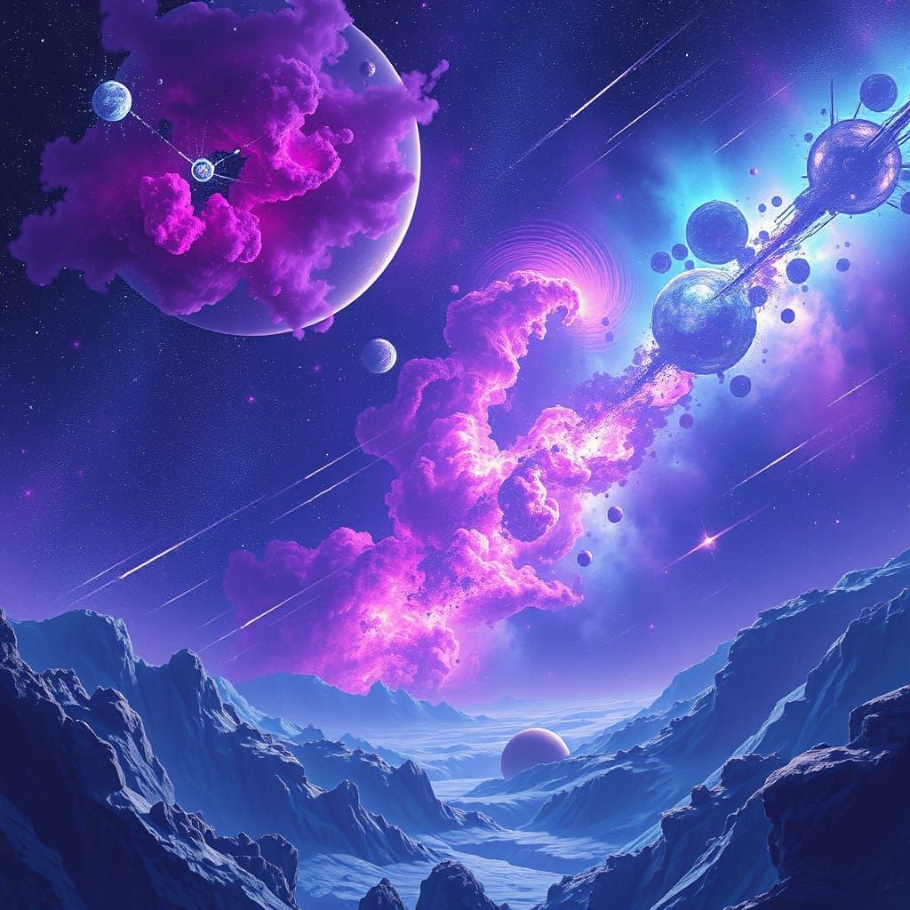 Futuristic Cosmic Landscape in Vibrant Purple and Blue
