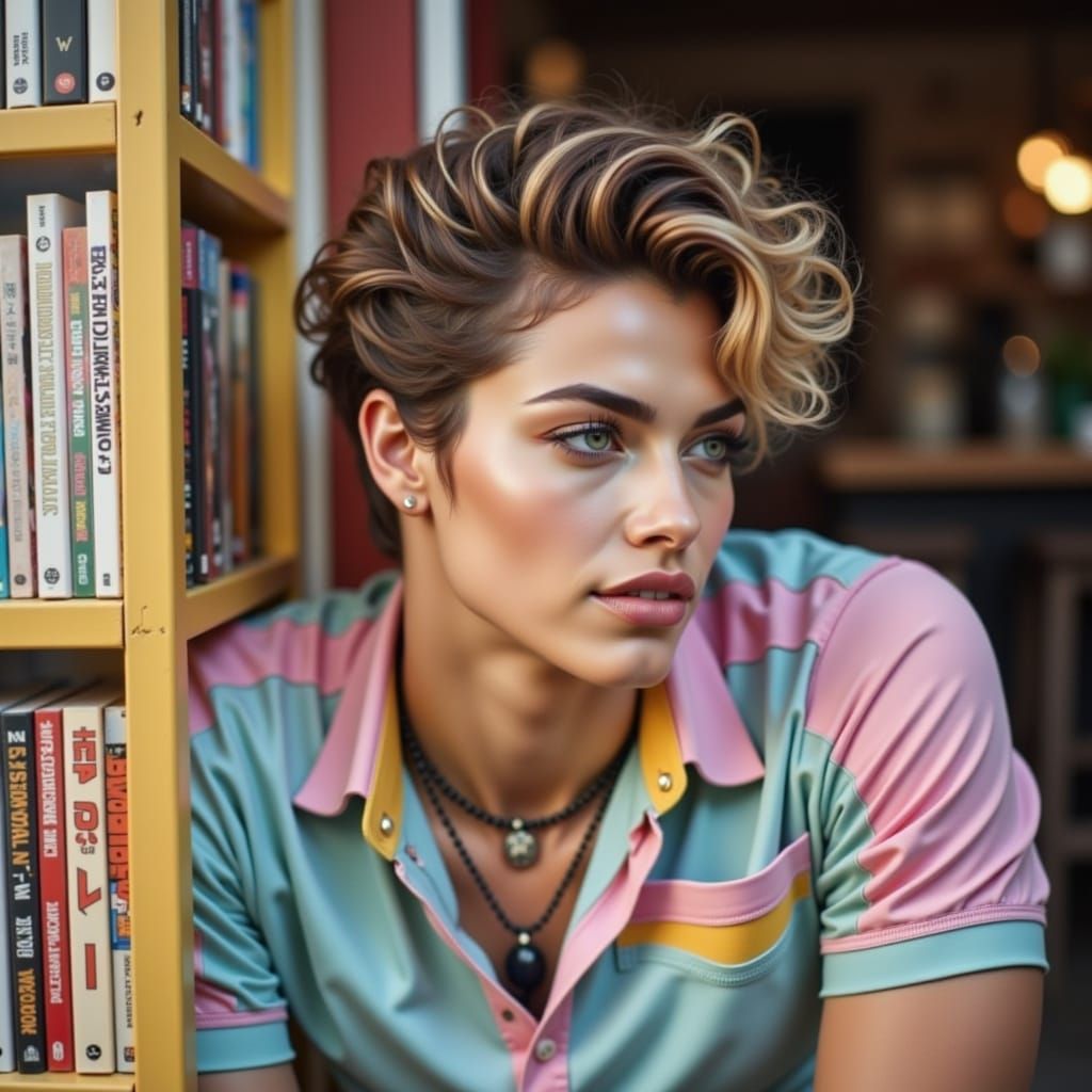 Pretty Androgynous Woman with Curly Strawberry Blonde Hair