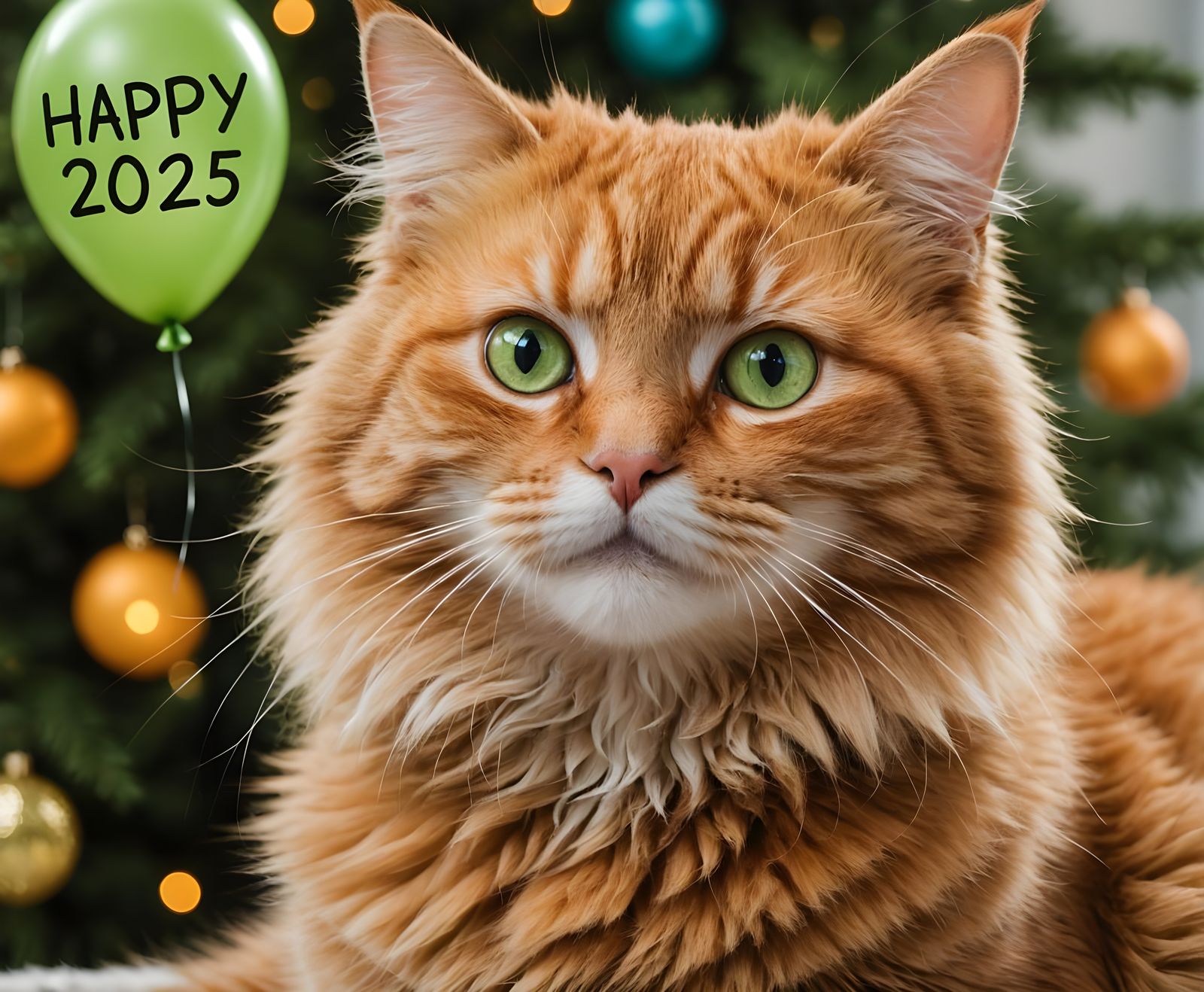 A fluffy ginger cat, stunning alive green eyes; a text ballo...