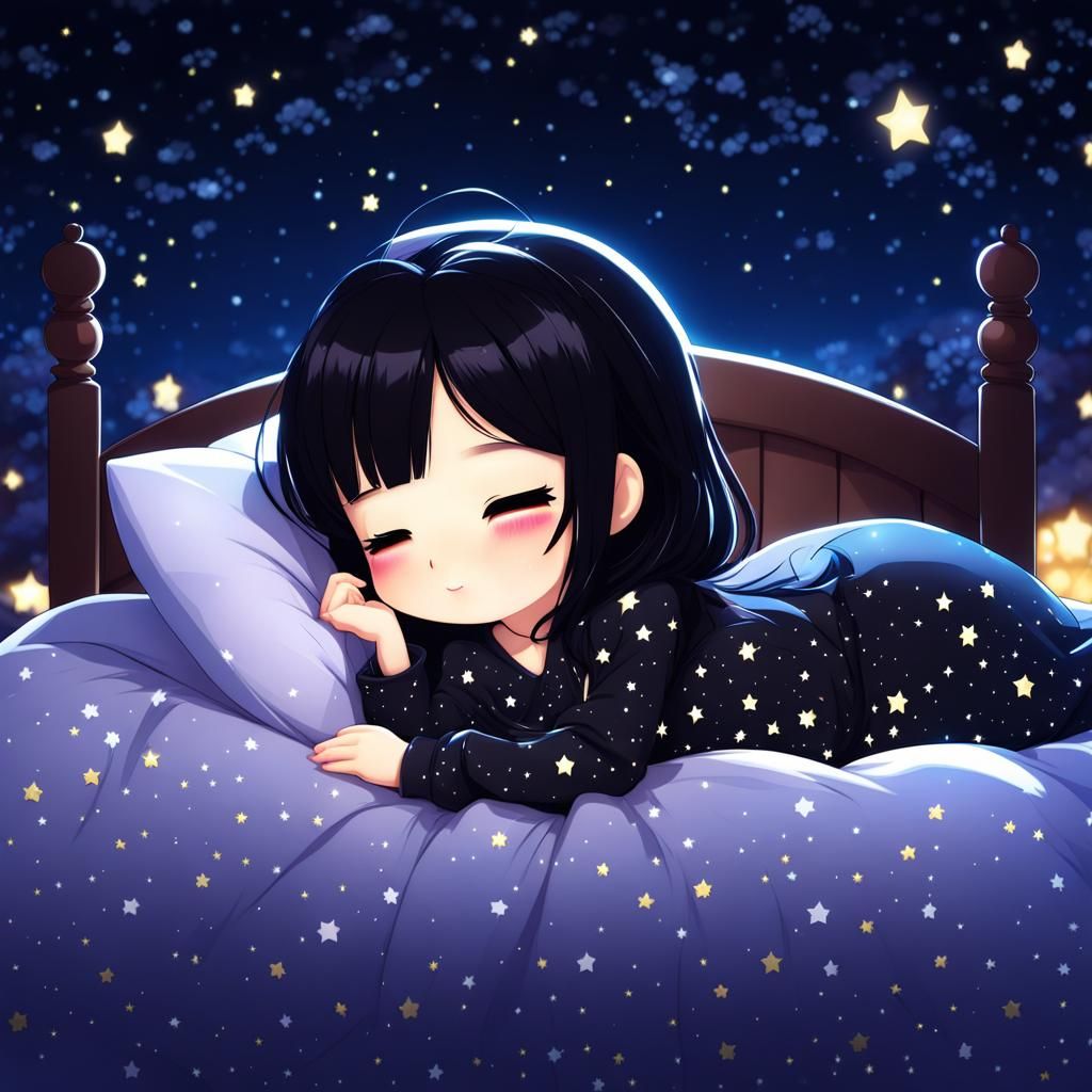 Chibi Black-Haired Girl Sleeping Under Stars
