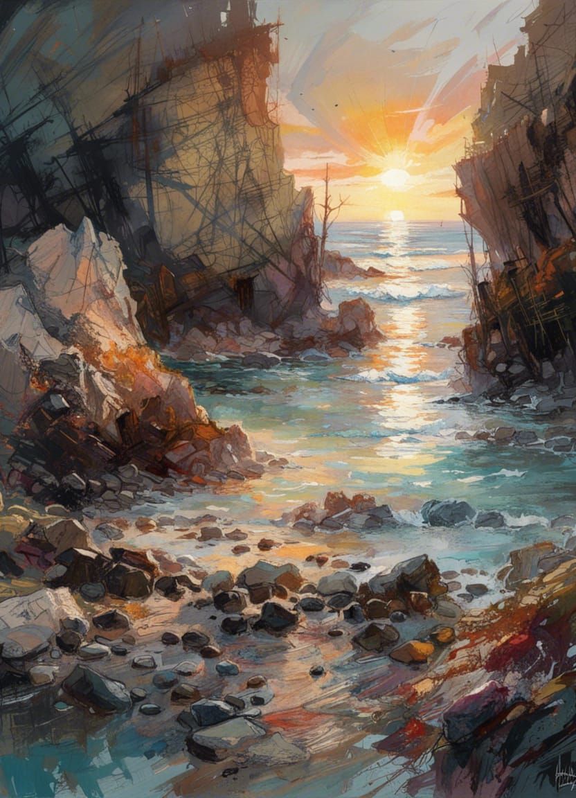 Dramatic Rocky Shoreline at Sunset in Mixed Media Style