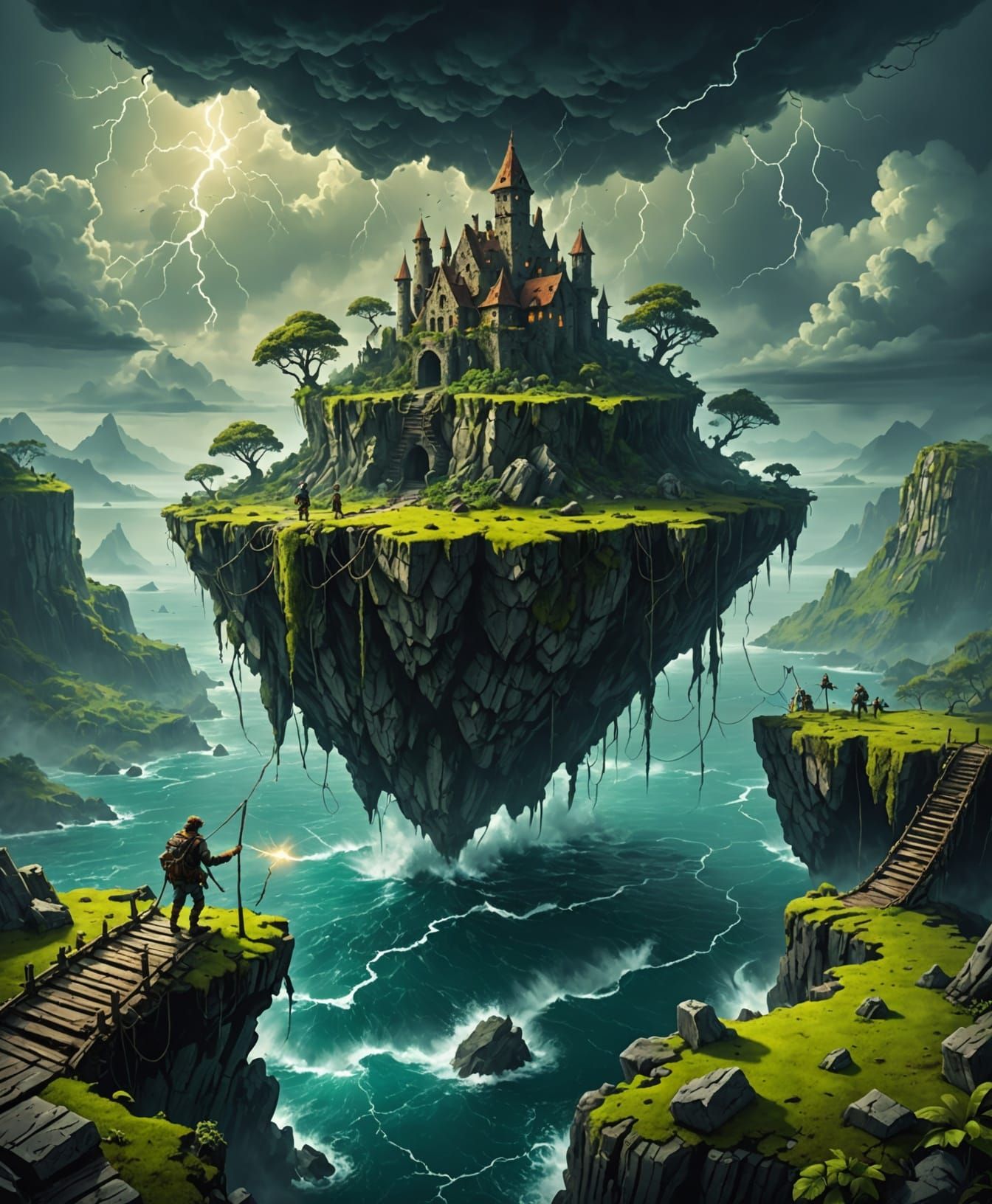 Explorer Navigates Stormy Floating Islands in Digital Matte ...