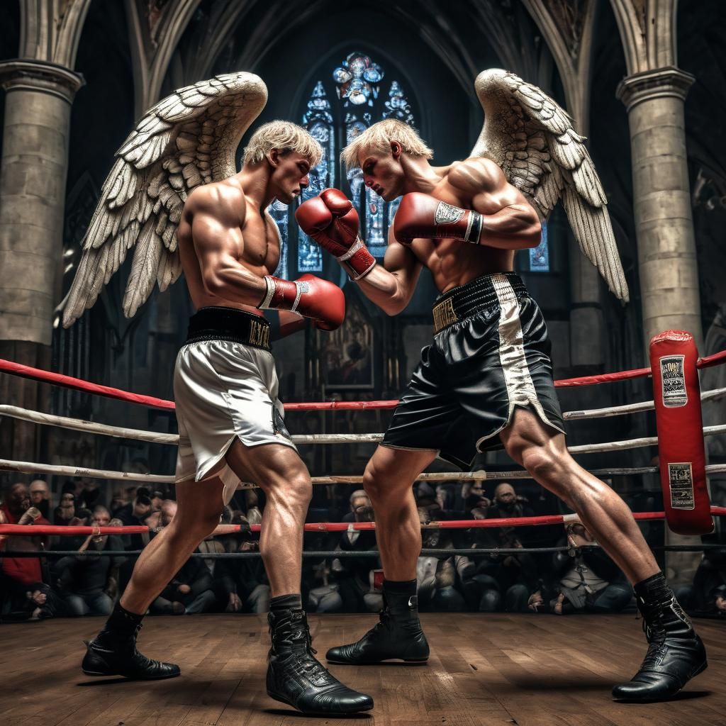 Angel Boxer Ready for Fight in Gothic Church