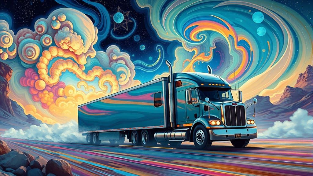 Futuristic Truck Speeds Through Orion Nebula Landscape