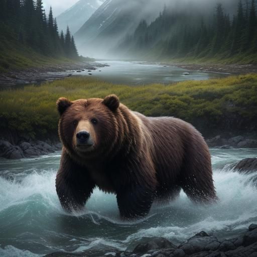 Kodiak Bears Hunting Salmon in Alaska, Cinematic Lighting