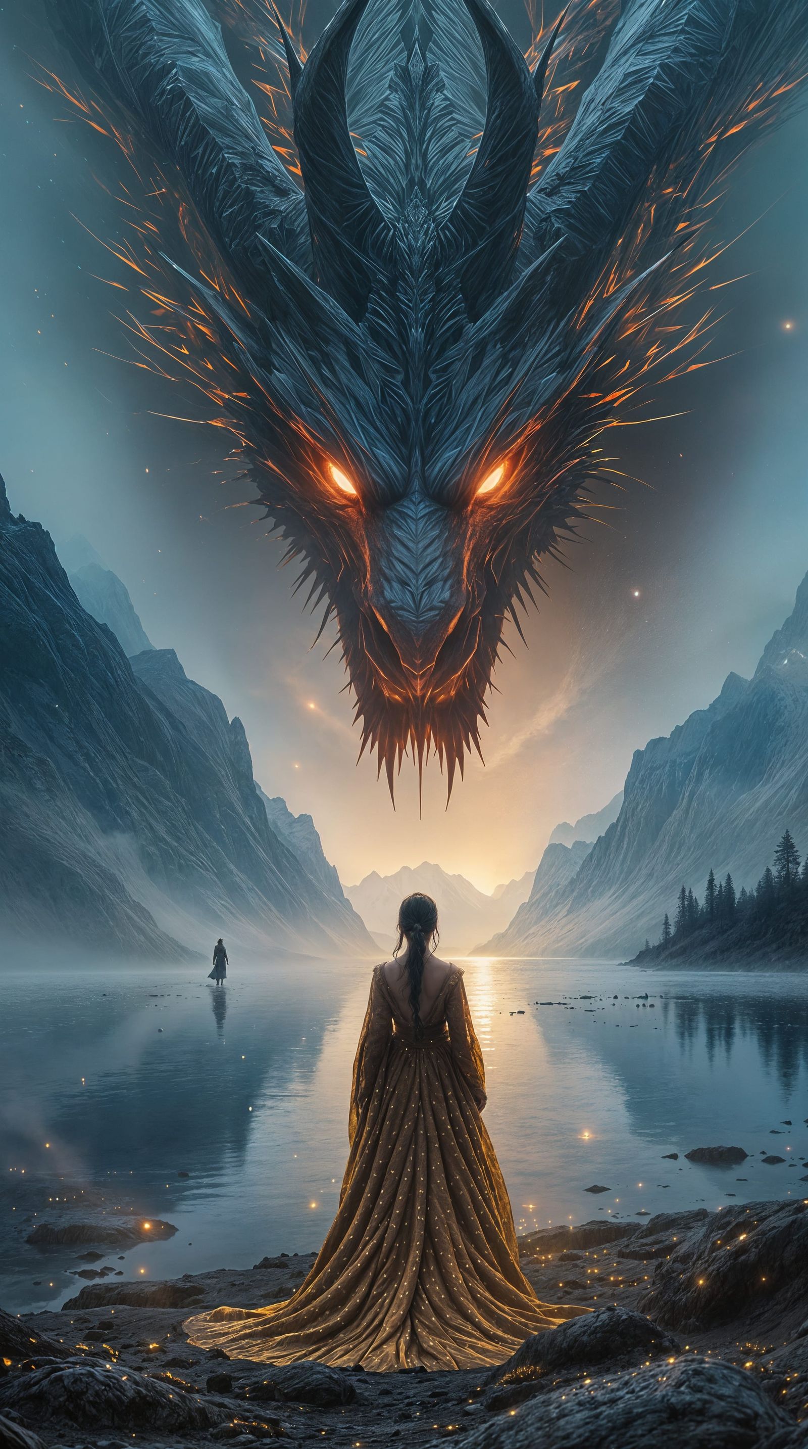 Regal Woman Confronts Fjord Dragon in Hypermaximalist Style