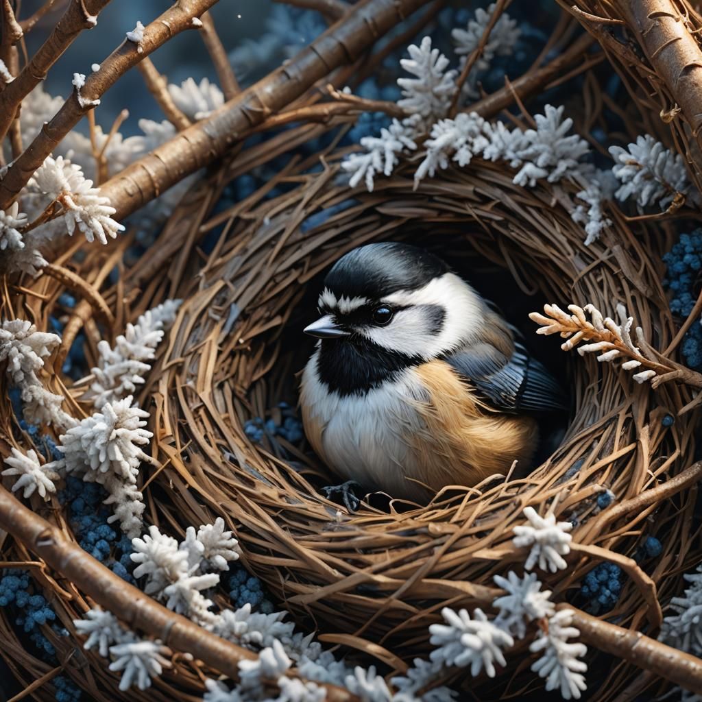 Chickadee in Winter Nest: Fantasy Wildlife Art