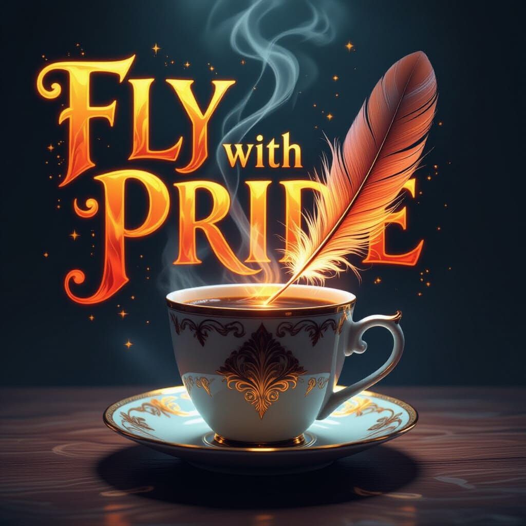 Steaming Coffee Cup with Ethereal Fire, Fly With Pride