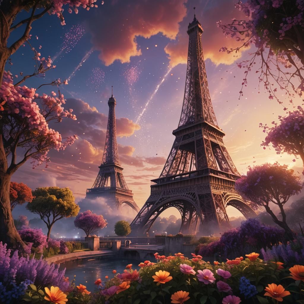 Eiffel Tower Amidst Blooming Flora: Fantasy Concept Art