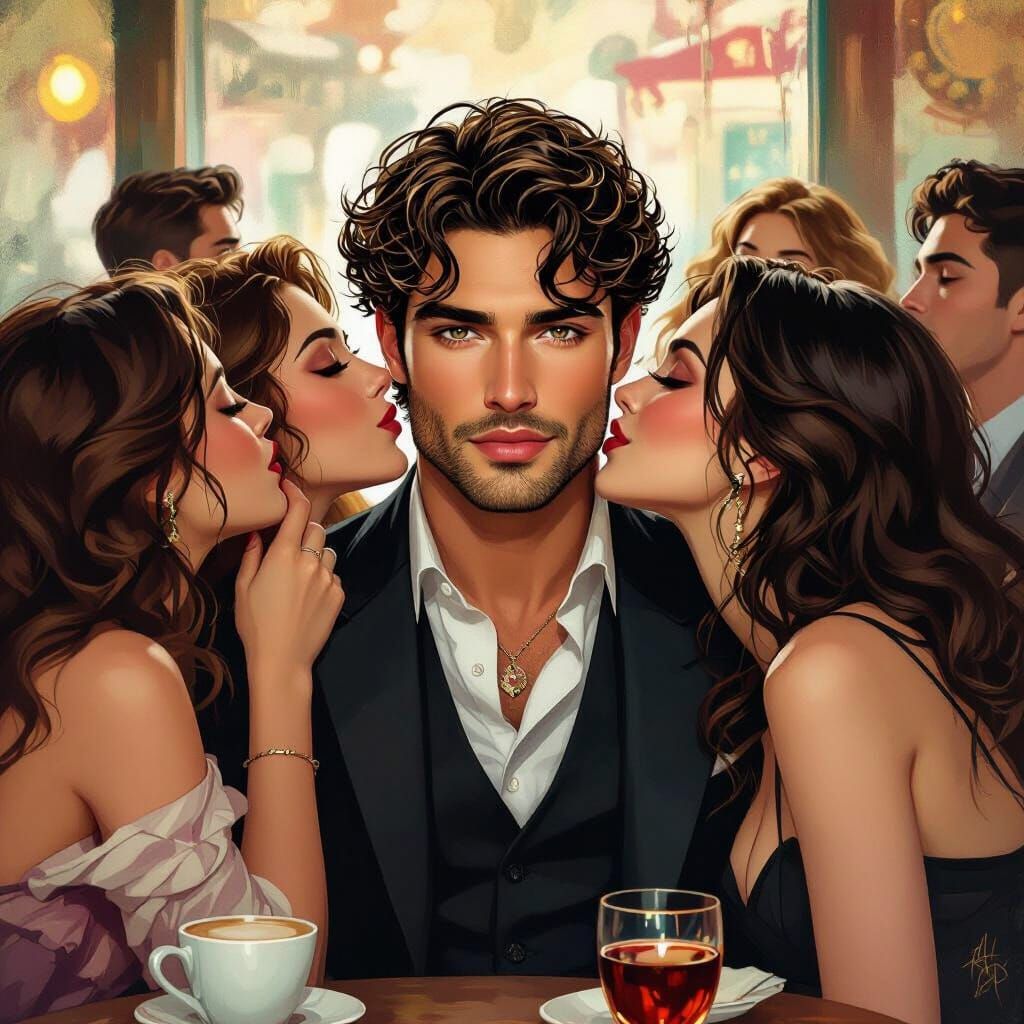 Handsome Man in Cafe with Adoring Women, Art Nouveau Style