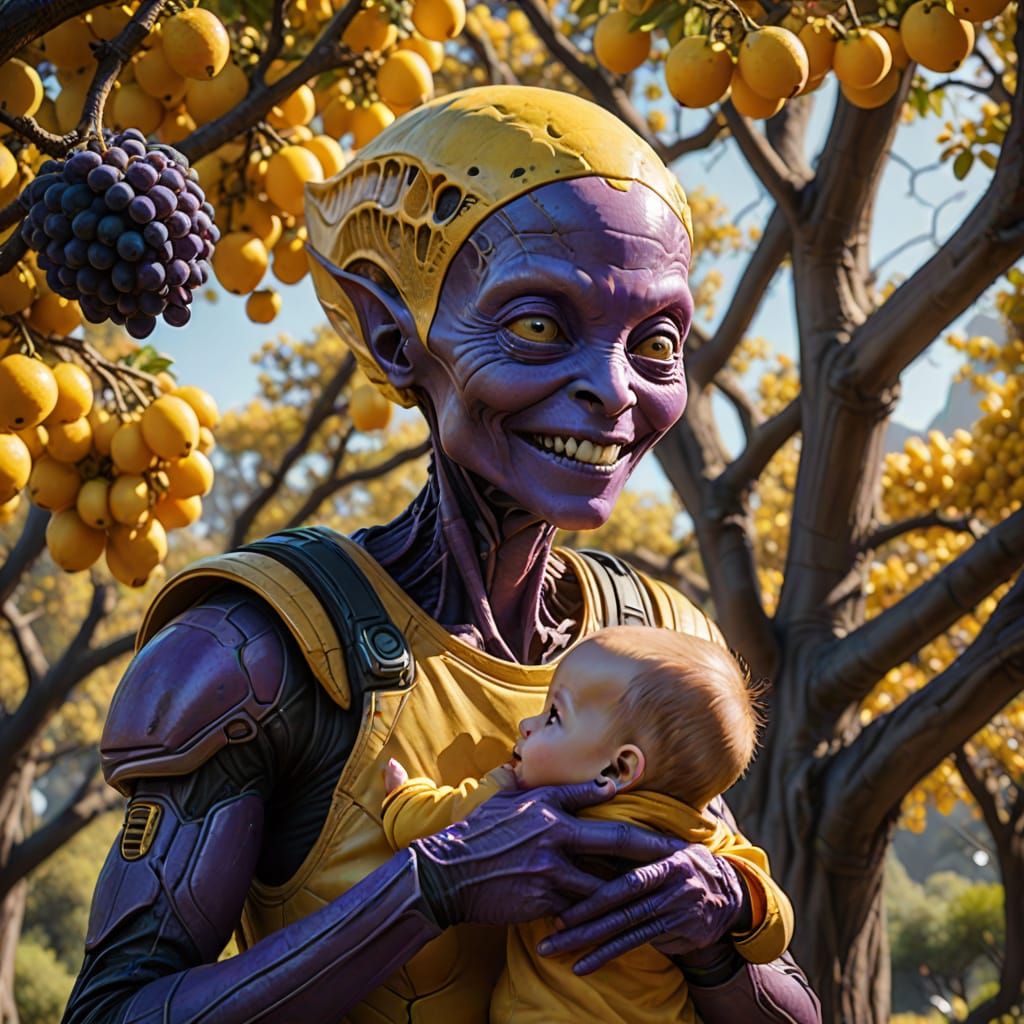 Alien Mother and Child in a Vibrant Sci-Fi Landscape