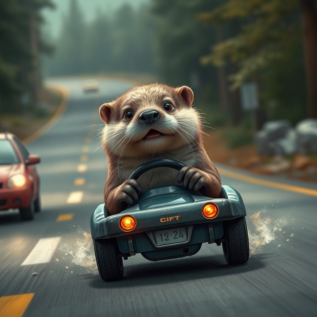 Cute Otter Driving Bumper Car on Road