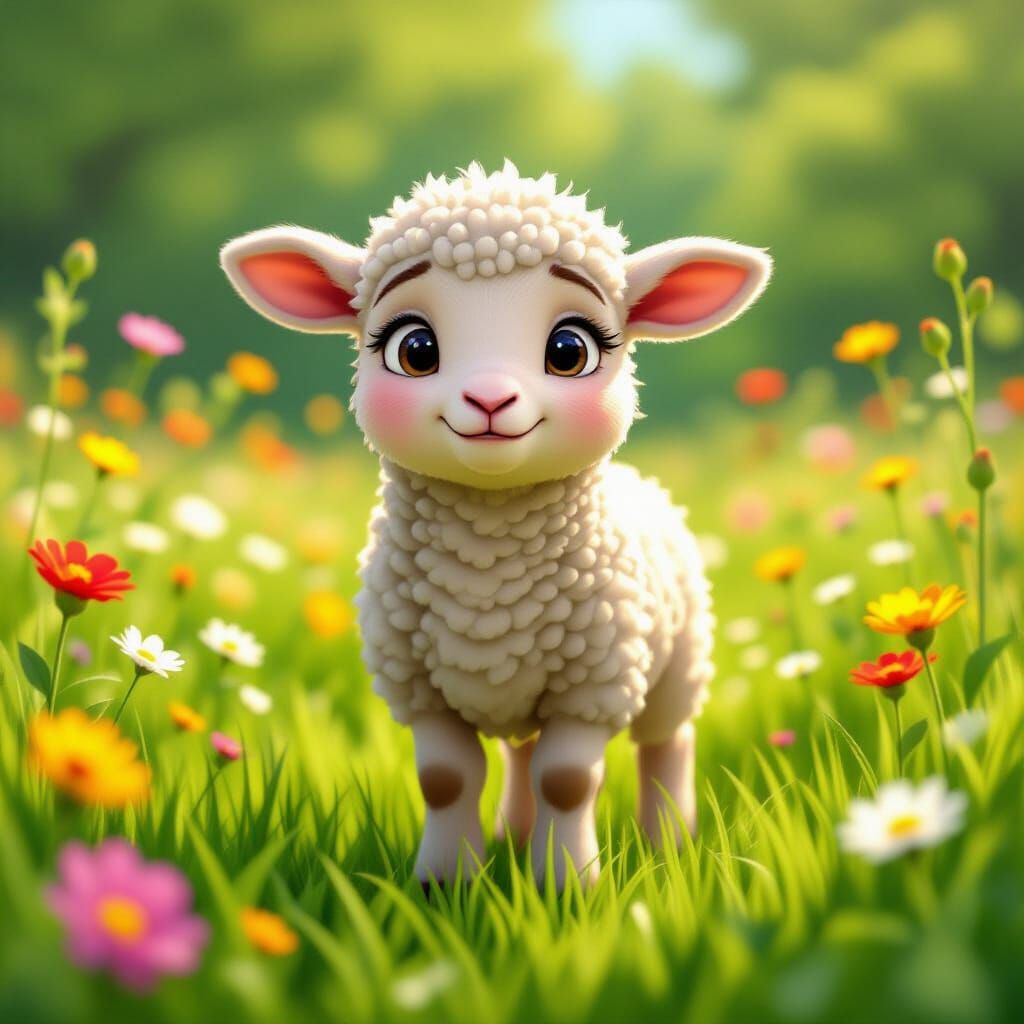 Worried Lamb in Disney Pixar Cartoon Style