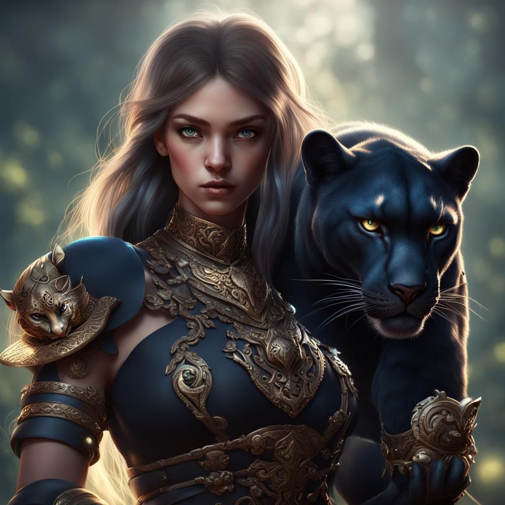 Fantasy Girl with Panther Portrait in 3D Shading