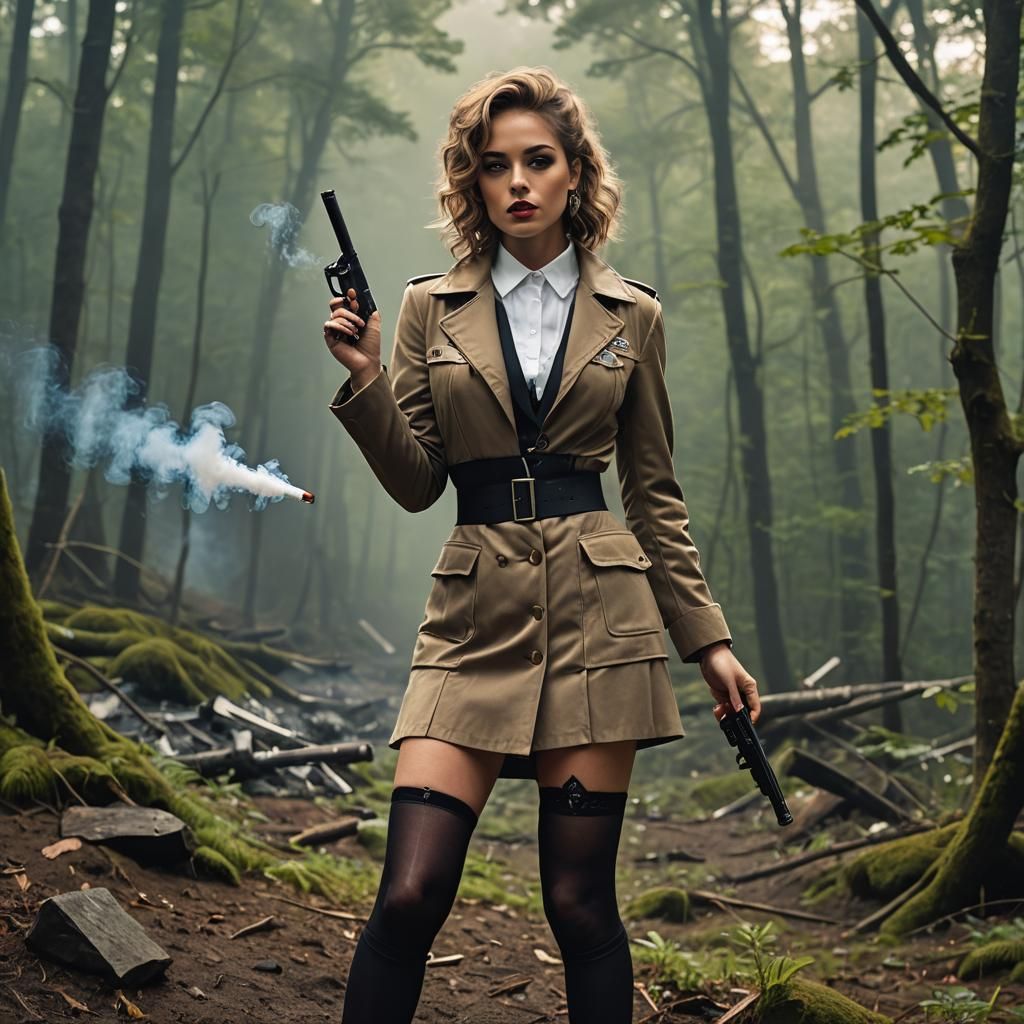 Woman with Gun in Foggy Landscape, David Aja Style