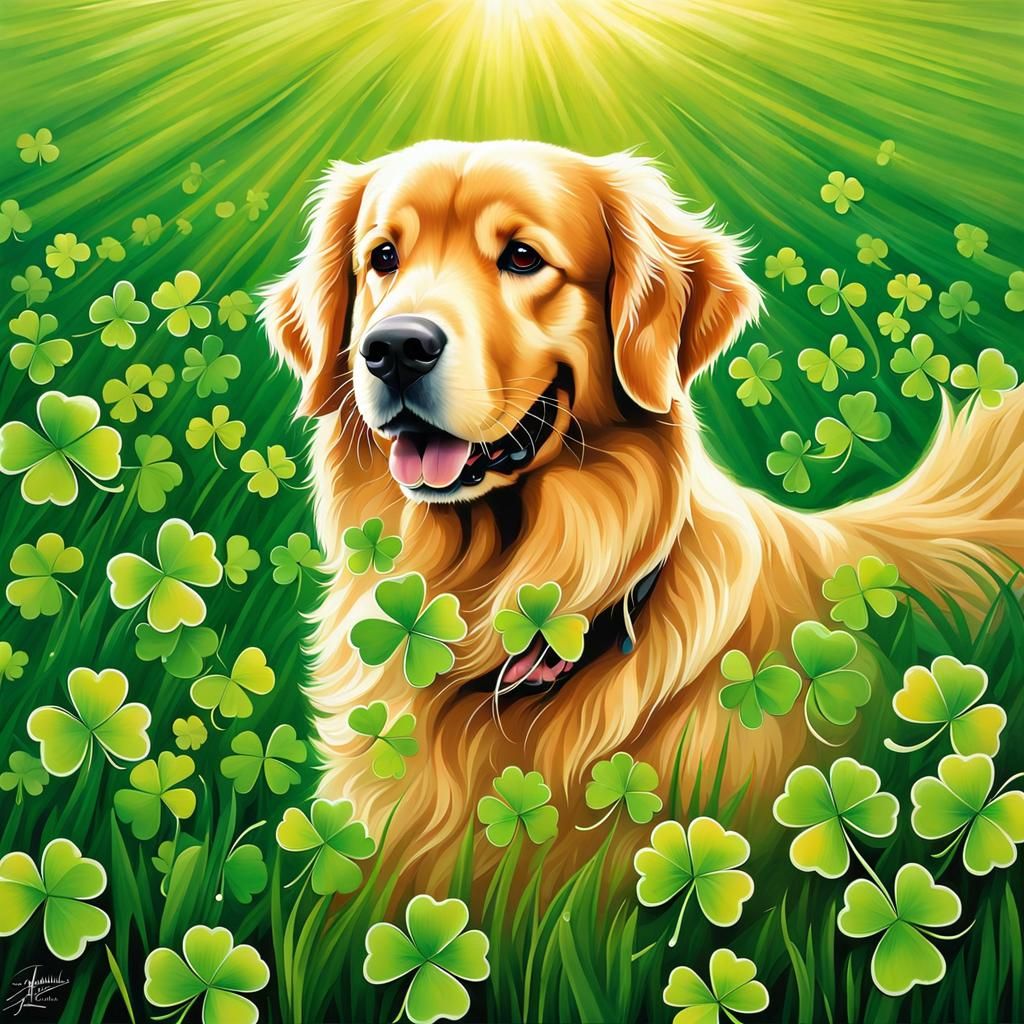 Golden Retriever in Clover Field: Airbrush Art