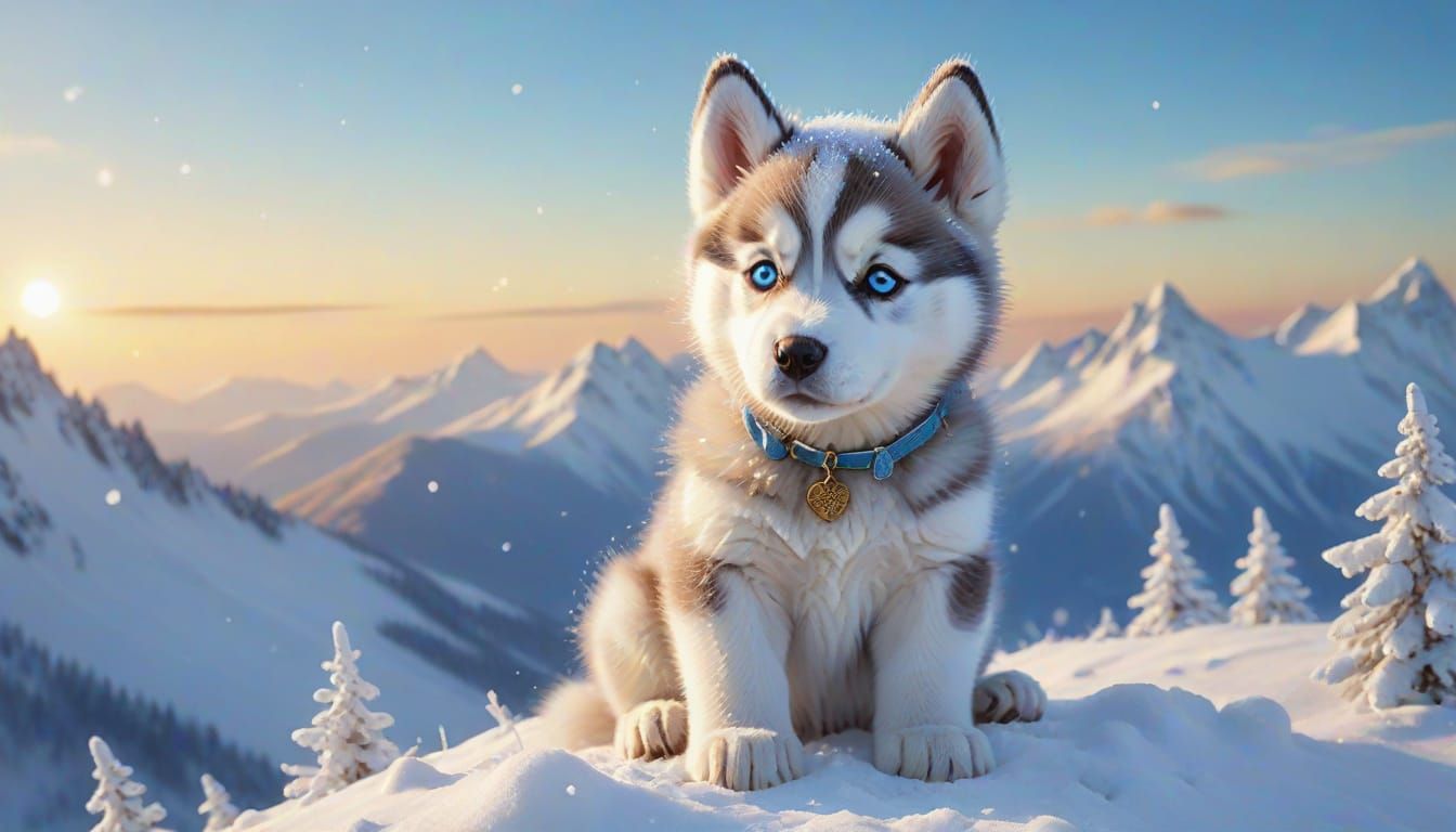 Whimsical Husky Puppy on Snowy Mountain Peak