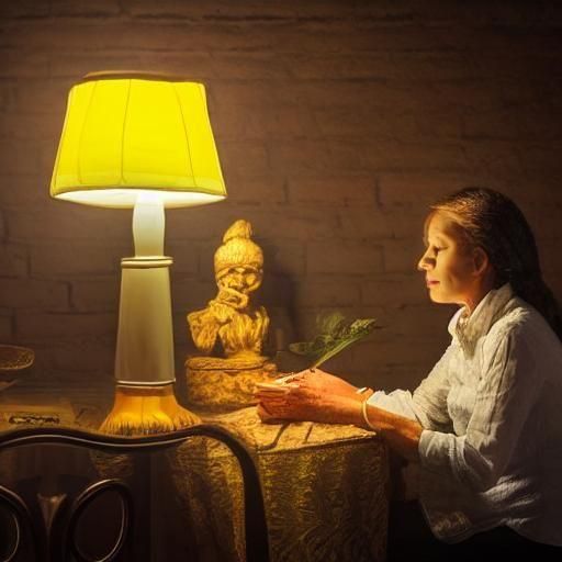 Woman Contemplates by Lamplight in Quiet Solitude