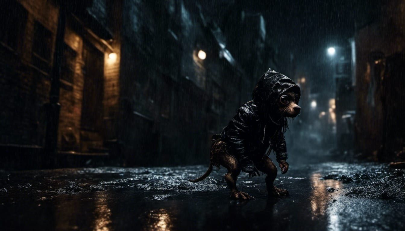 Creepy Goblin Lurking in Rainy Alleyway