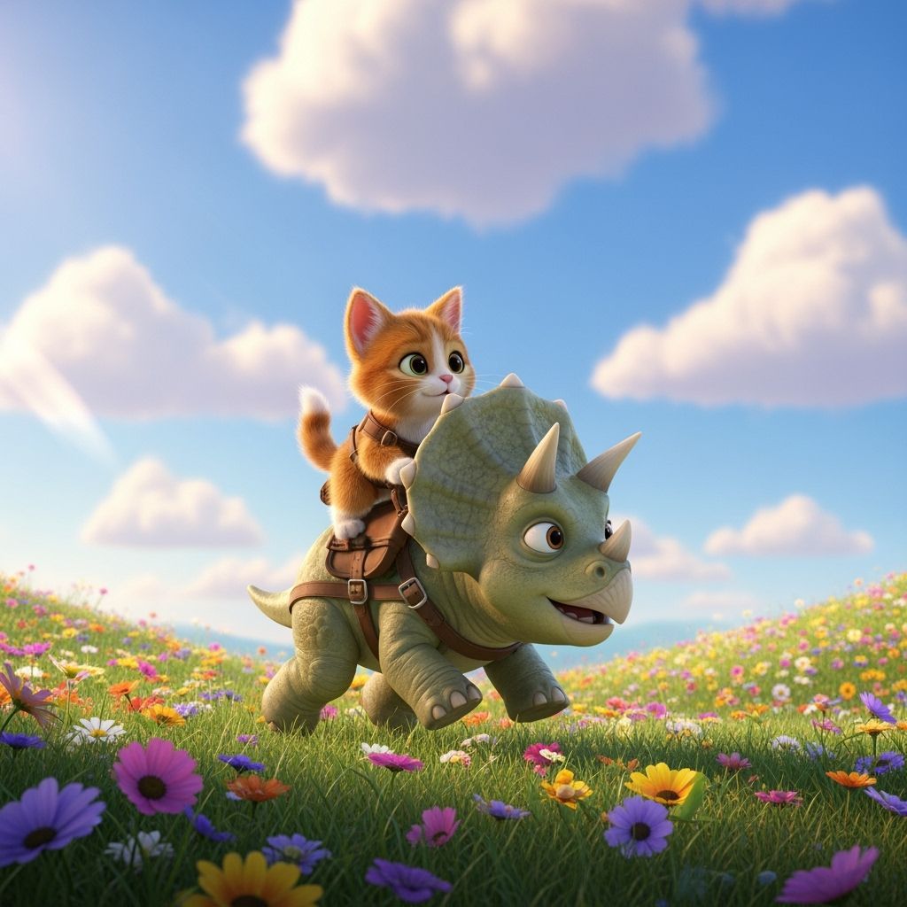 Kitten Rides Baby Triceratops in Vibrant Field - Pixar Style